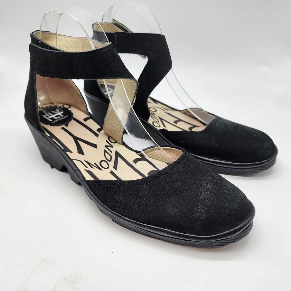 Fly London Piat Ankle Strap Wedge Sandals Womens 40 US 9-9.5 Black Suede Comfort